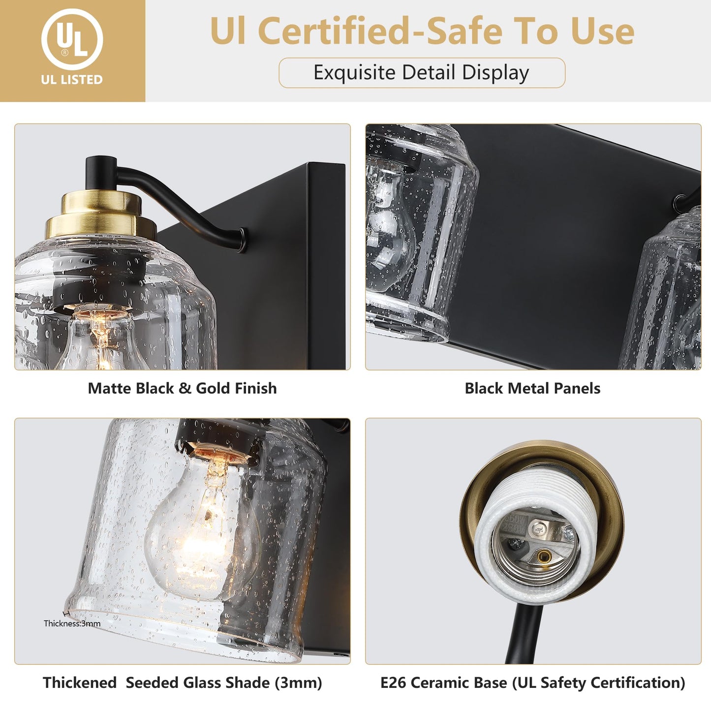 YKLITG 4-Light Bathroom Vanity Light, Black & Gold Metal with Bubble Glass Shades, Rustic Sconce, Model BD005-4-BG