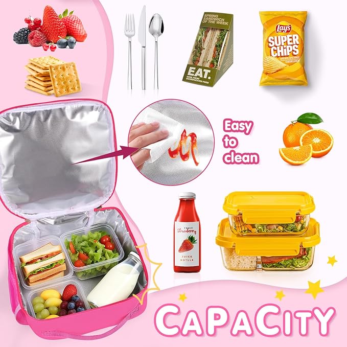Lunch Bag Kids-Kids Insulated Lunch Bag with Adjustable Strap - Reusable Leakproof Lunch Box for Girls, Preppy School Lunch Tote for Travel, Picnic,School & Winter Camp