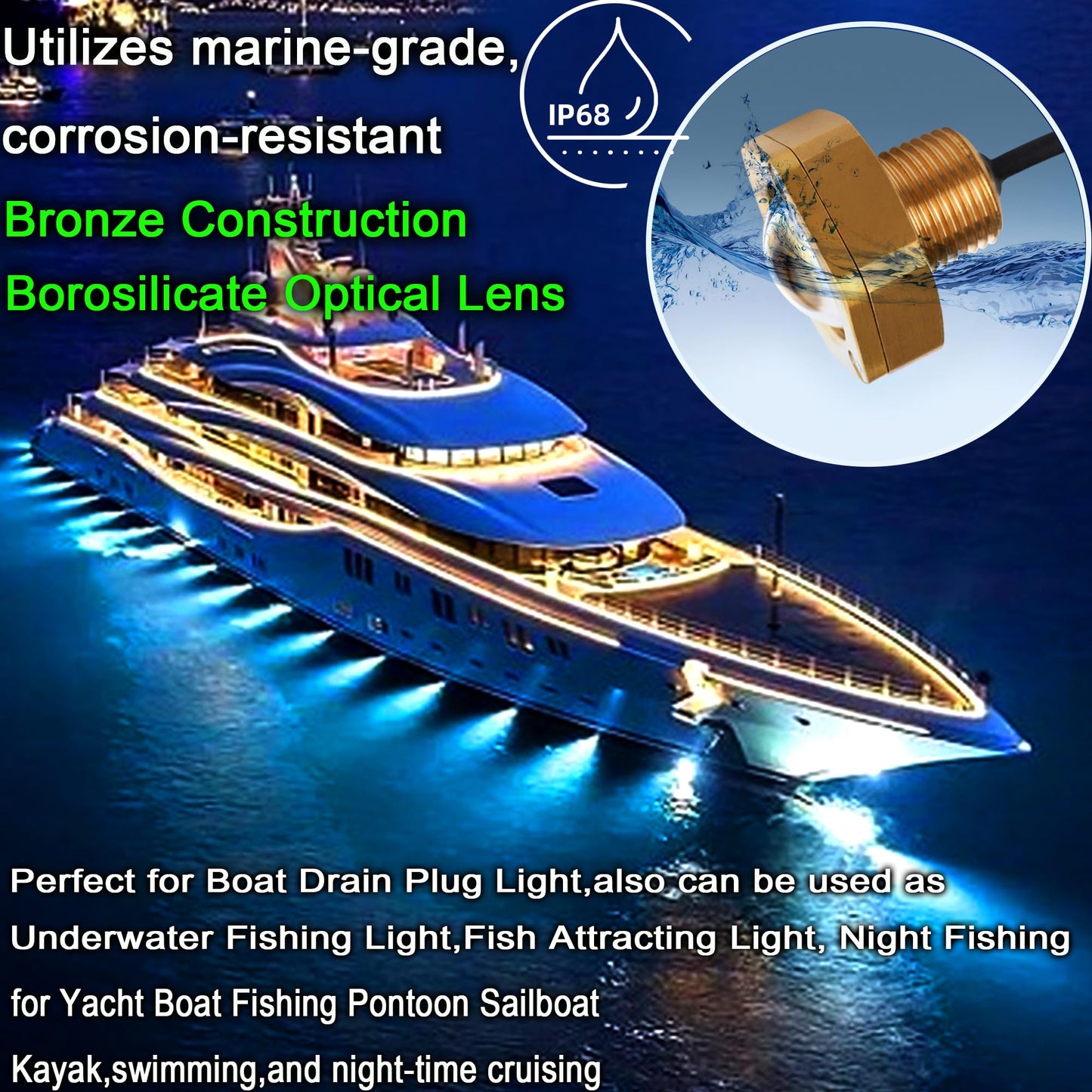 NBWDY Boat Drain Plug Light, 2 Pcs, 4100LM, IP68 Underwater LED, Remote Control, Smart Cooling System, Blue, Bronze Housing