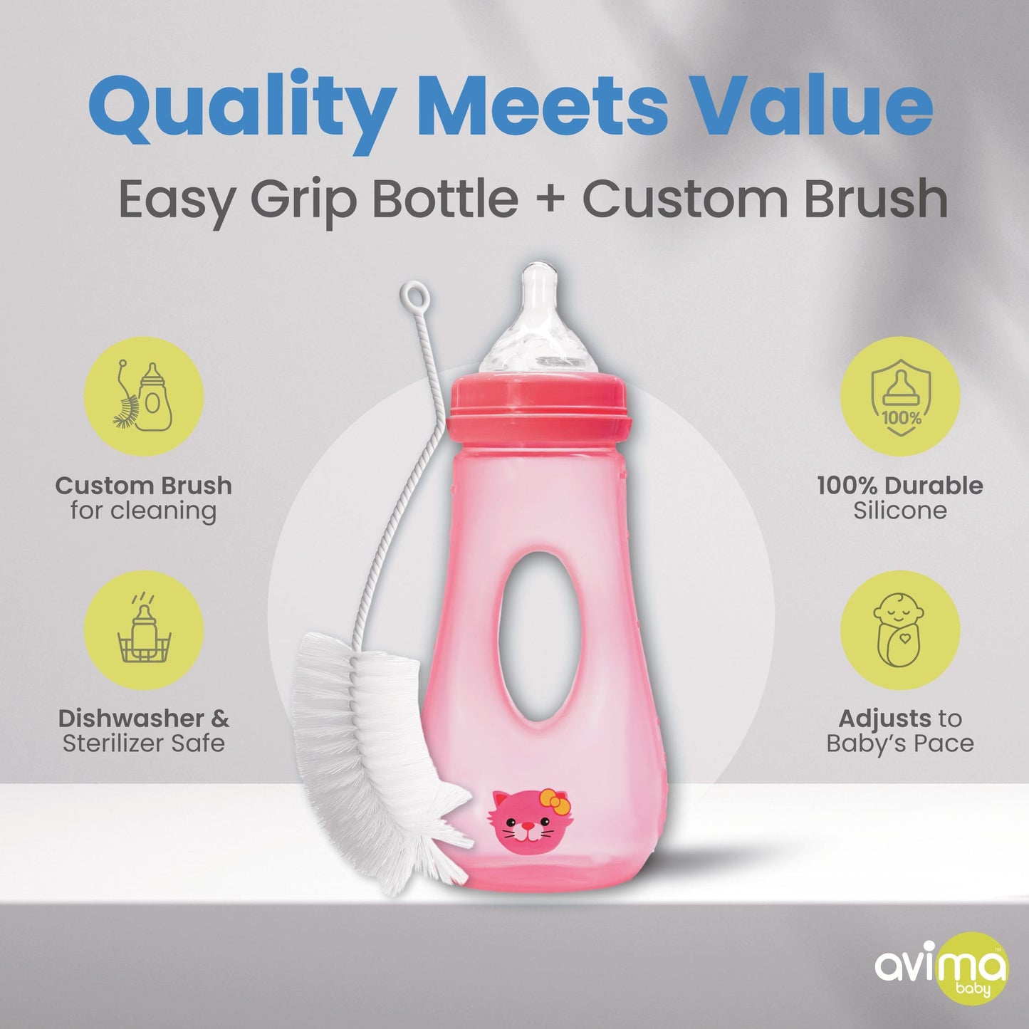 Avima Easy Grip Anti Colic Baby Bottles, BPA Free, 8 oz. Wide Neck w/Medium Flow Silicone Nipples & Bottle Brush Pink Set (Pack of 3)