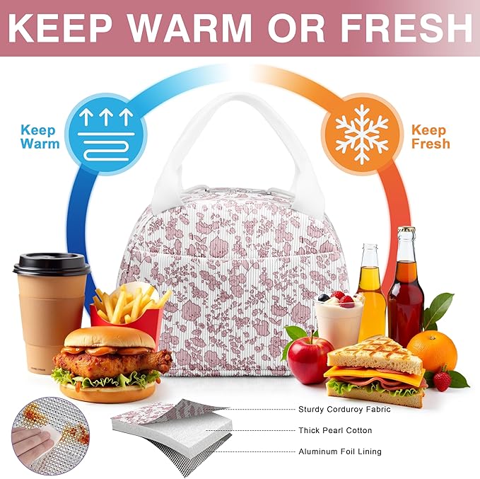 Lunch Bag - Insulated Lunch Box for Women, Reusable Large Capacity Cooler Bag for Adult, Small Leakproof Cute Corduroy Lunch Tote for Work Office Travel Picnic (Corduroy Pink-Flower)