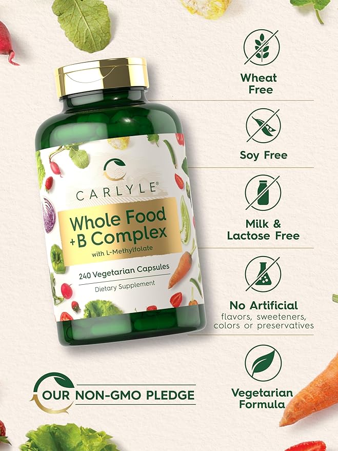 Carlyle B Complex with Whole Food Blend Formula | 240 Capsules | Plus L-Methylfolate | Non-GMO & Vegetarian Supplement