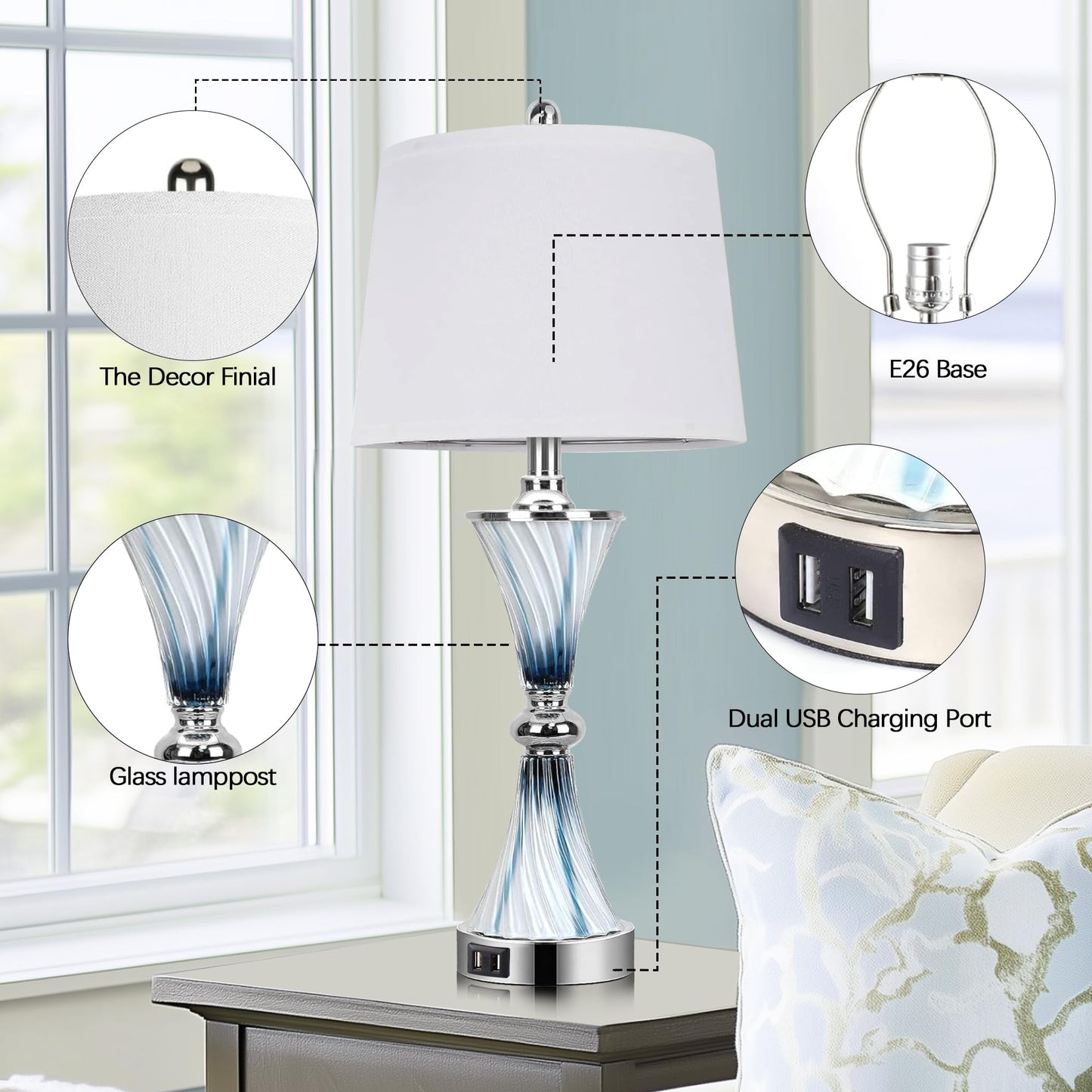 Hamucd 3-Way Dimmable Touch Glass Table Lamps For Bedrooms With 2 Usb Ports Set Of 2 Coastal Beach Bedside Lamps For Contemporary Modern Night Stand Lamps With 2 Led Bulbs For Lighting Decor