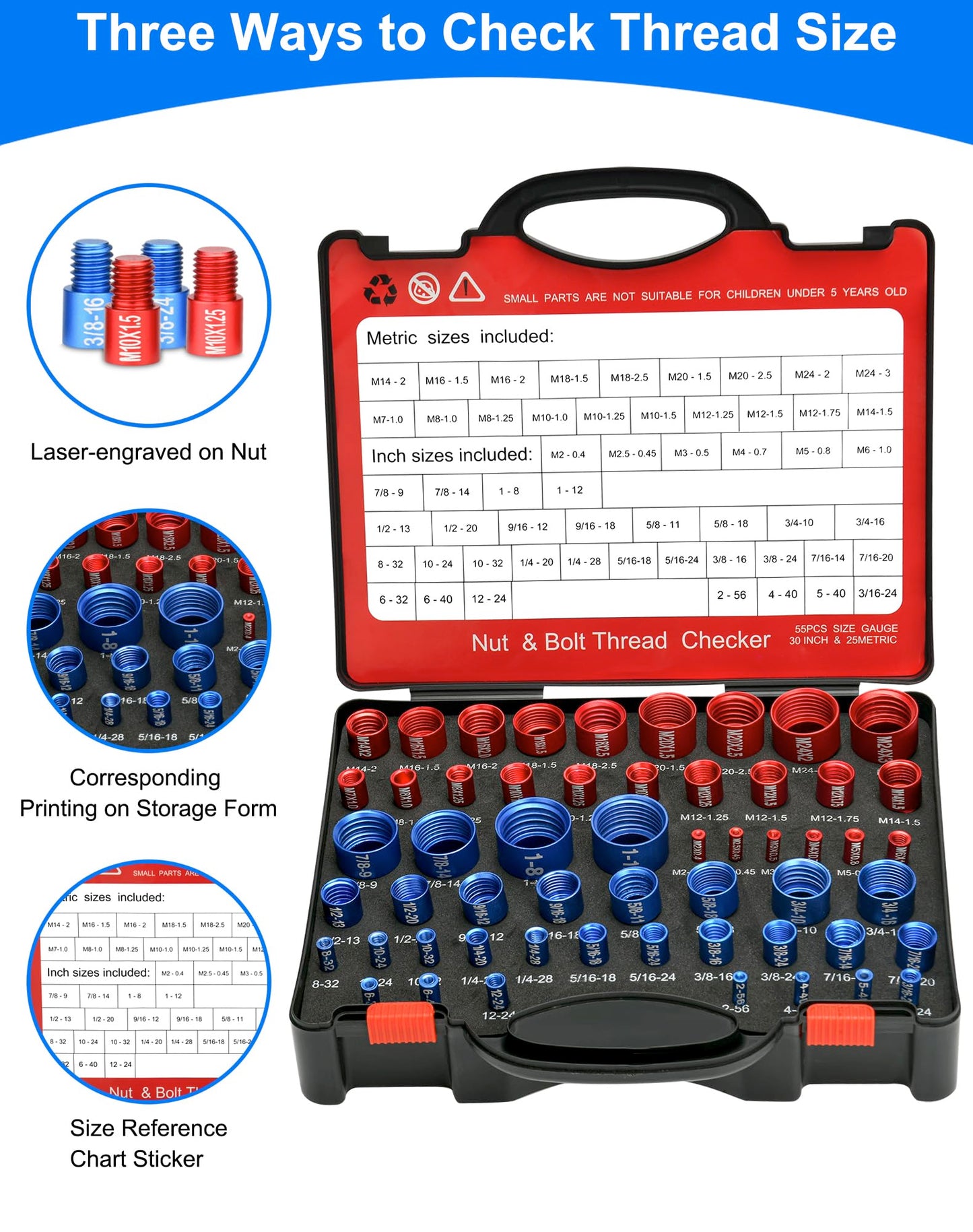 VEXTHYX 55Pcs Thread Checker, Nut and Bolt Measuring Tool(25 Metric & 30 Standard), Bolt Size and Thread Gauge Finder with Storage Box, Suitable for inspecting in Narrow and Tricky Areas