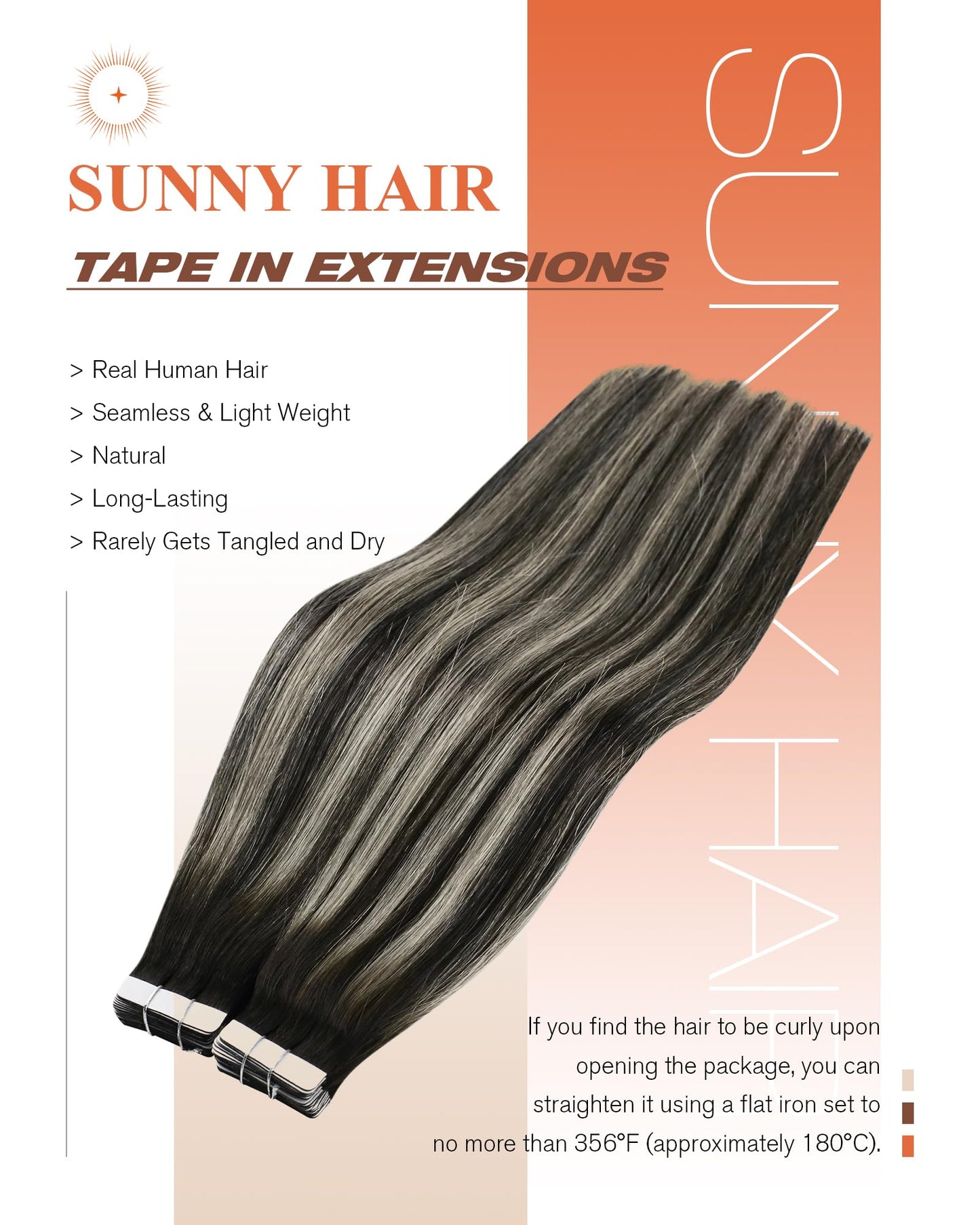 Sunny Hair Tape in Hair Extensions Real Human Hair Invisible Remy Hair Extensions Tape ins for Women Natural Black Roots to Silv