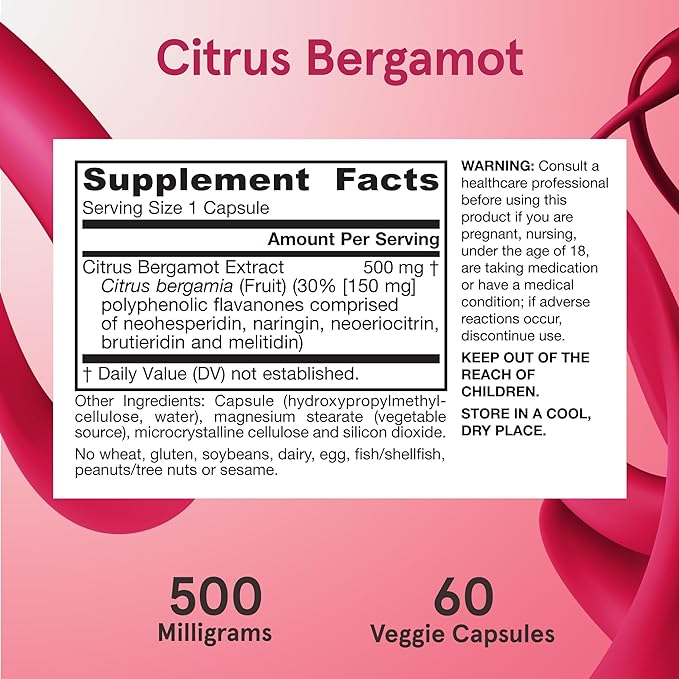 Jarrow Formulas Citrus Bergamot 500 mg - 60 Servings (Veggie Caps) - Antioxidant Support for Cardiovascular & Metabolic Health - Dietary Supplement - Gluten Free - Use with Jarrow Formulas QH-absorb