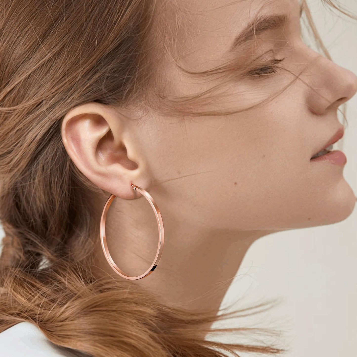 Gacimy Rose Gold Hoop Earrings for Women, 14K Real Rose Gold Plated Flatted Hoops with 925 Sterling Silver Post, 50mm Big Earrin