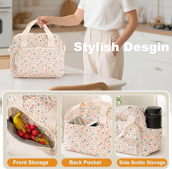 Large Lunch Bag for Women Insulated Lunch Box Reusable Cooler Bag Portable Cute Corduroy Leakproof Tote Bags for Travel, Work, and Picnic, Pink and Blue Flower