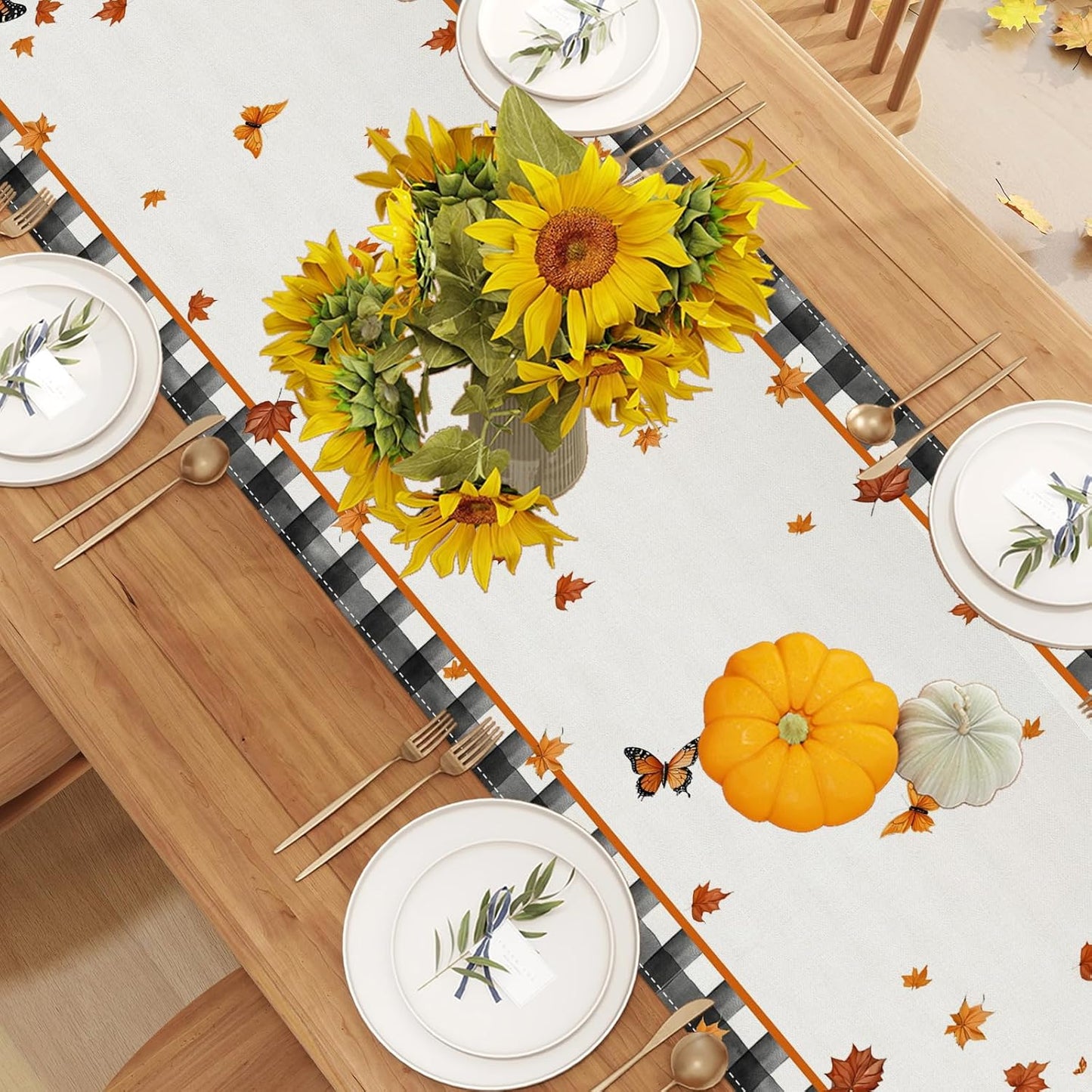Linen Black and White Buffalo Check Plaid Fall Table Runner 48 Inches Long, Fall Leaves Pumpkin Butterfly Home Kitchen Table Decor, Farmhouse Autumn Thanksgiving Harvest Festival Decorations for Home
