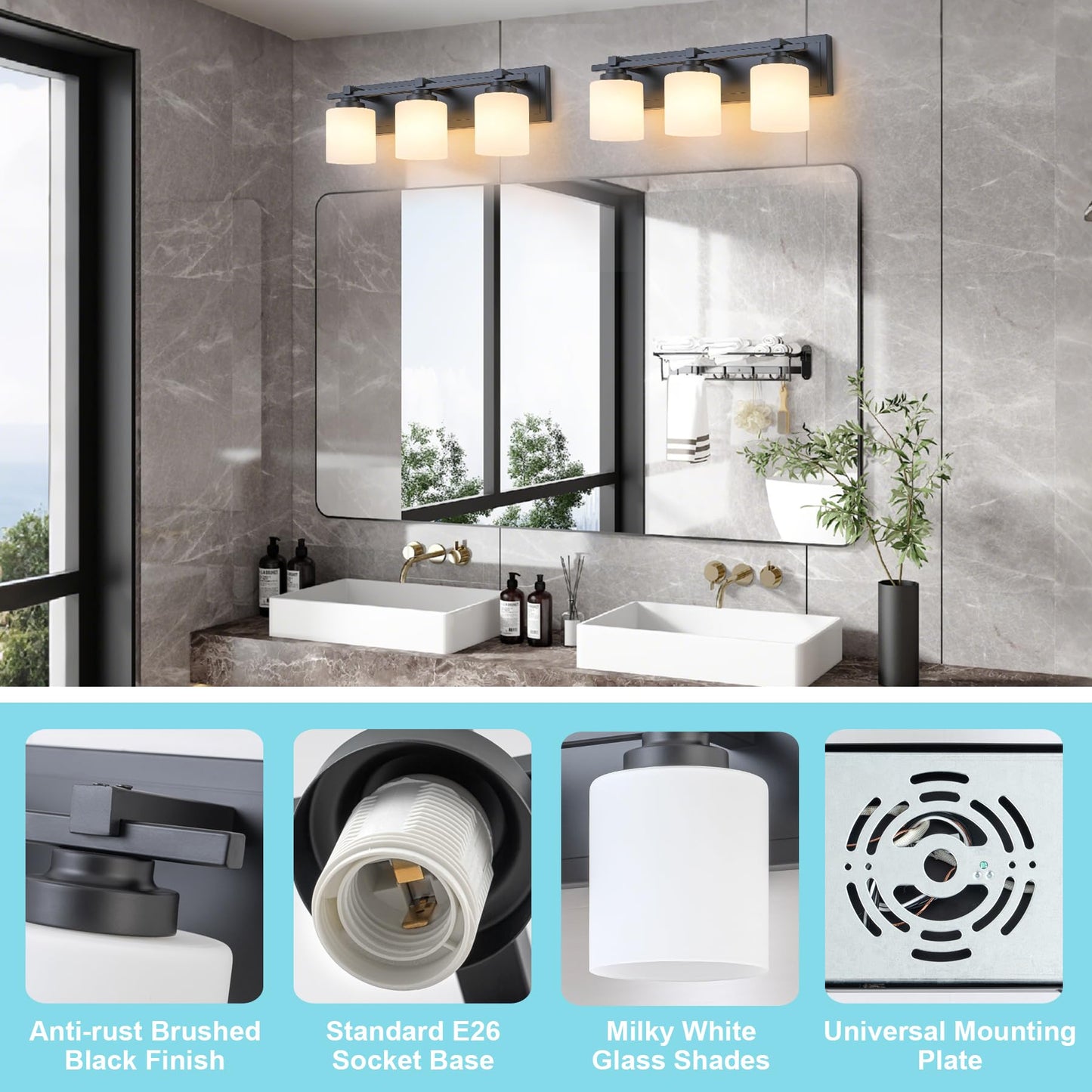 BrkNit 3 Light Modern Bathroom Light Fixtures Over Mirror, Black Vanity Lights for Bathroom Wall Sconces with Milky White Glass Shades, E26 Socket (Bulbs Not Included)