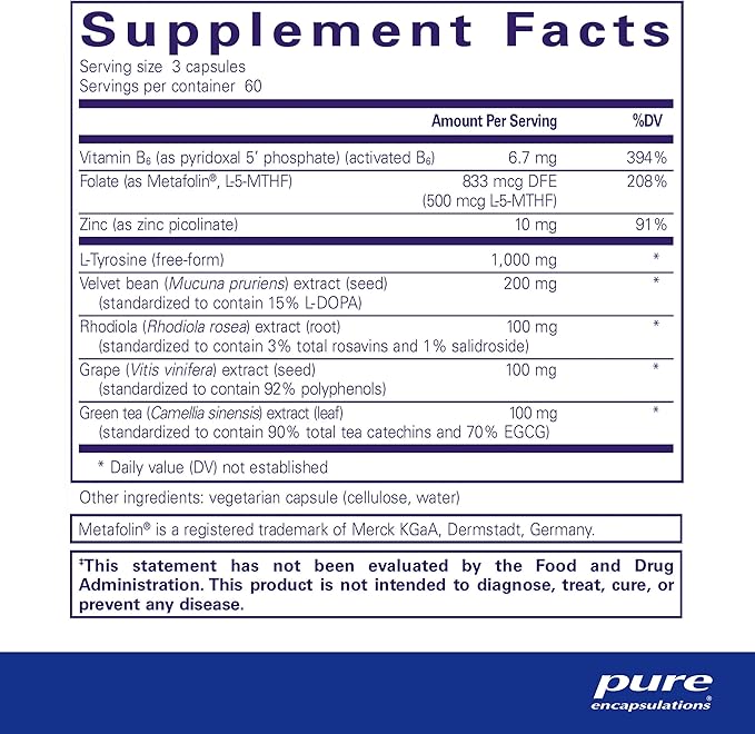 Pure Encapsulations DopaPlus - Supports Dopamine Production - for Daily Brain Function* - with Folate, Vitamin B6 & L-5-MTHF - Non-GMO & Vegan - 180 Capsules