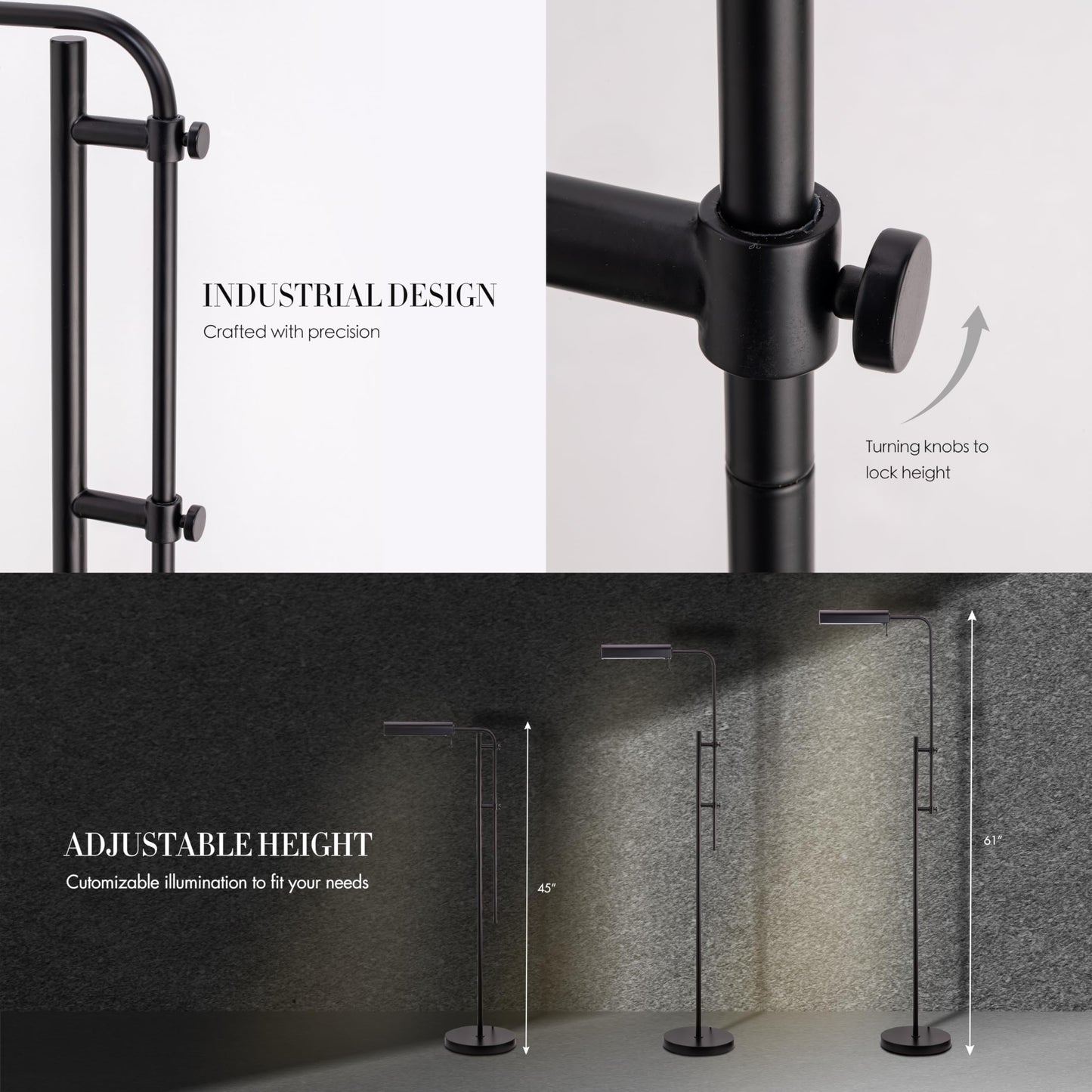OBright Cedric Adjustable Pharmacy Floor Lamp - Industrial Design, 10W Led, Height 45-61, Black, Model Obe-Fl25H