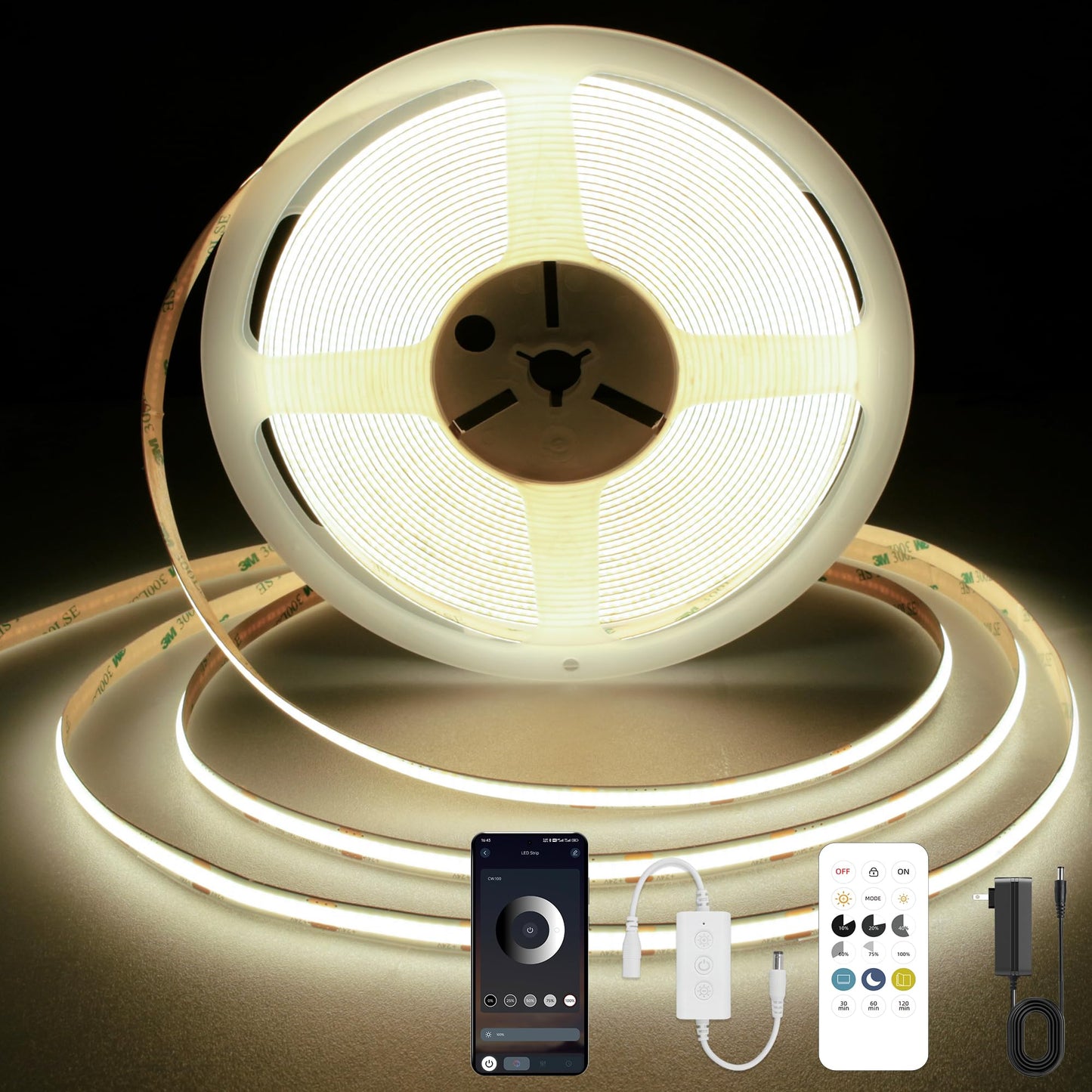 Auziwe Cob Led Strip Light 4000K  24Ft Dimmable Natural White Led Strip Light  Cri92+  Dc24V Tape Light With Rf Remote  Timer Function  Bluetooth App Control For Home Bedroom Kitchen Diy Lighting.