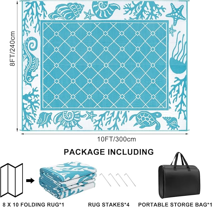 Vaukki Reversible Rugs, Plastic Straw Outdoor Doormat, Fade Resistant Plastic Outdoor Patio Mat, Lightweight Ocean Area Carpet for Patio, RV, Camping, Beach, Deck, Backyard and Picnic (Teal, 8'x10')