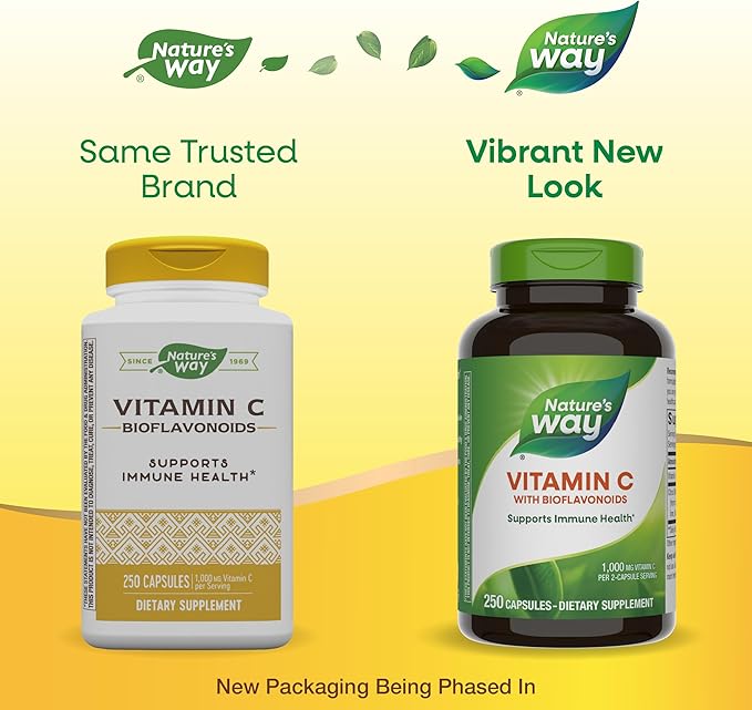 Nature's Way Vitamin C with Bioflavonoids, Immune Support*, High Potency Vitamin C per 2-capsule serving, Promotes Collagen*, 1,000 mg per 2-Capsule Serving, 250 Capsules (Packaging May Vary)