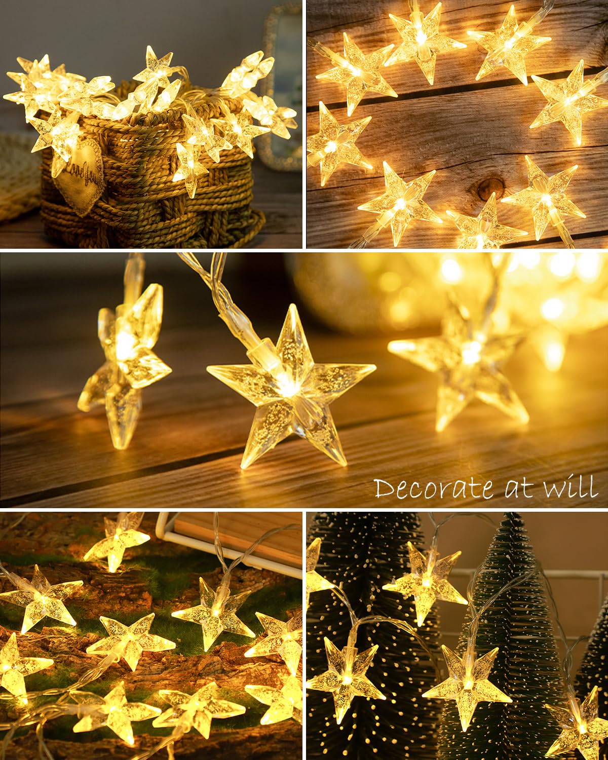 JOLYMOLY Star String Lights, 100 LED, 59ft, Warm White, Waterproof, Plug-in, Model FX-SL002, Remote Timer for Indoor/Outdoor Decor