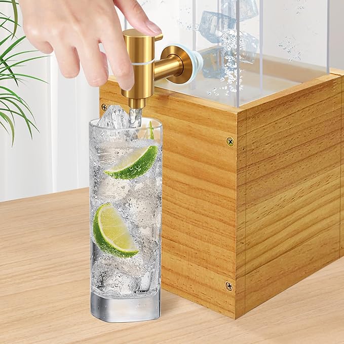 Beverage Dispenser with Stand, 2 Gallon Drink Dispenser, Drink Dispensers for Parties, Individual Ice Container (Wood)