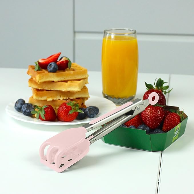 Mini Waffle Tongs by StarBlue Pink – 8 Inches Silicone and Nylon Serving Tongs with Non-Slip Smooth Handles, Non-Scratch and Dishwasher Safe, Multipurpose Spatula for Belgian Waffle Serving