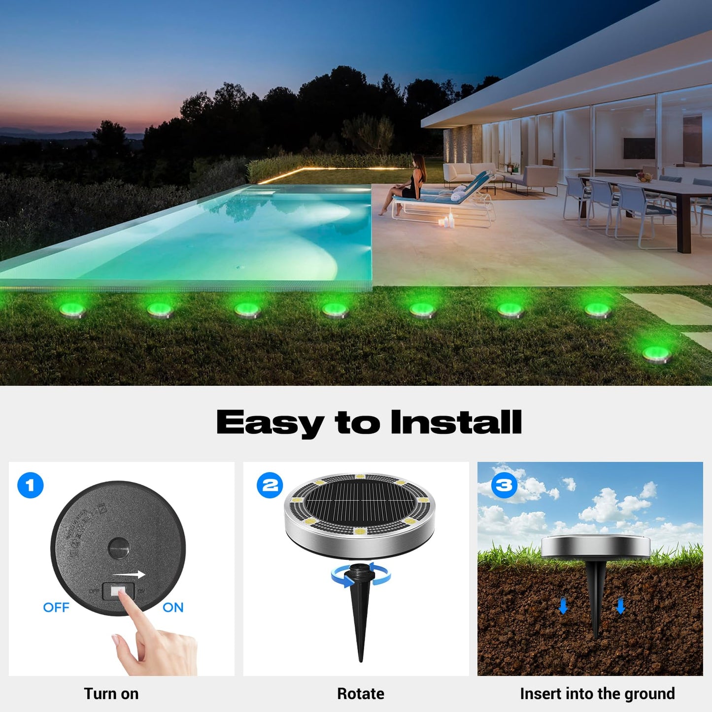 Peasur Solar Ground Lights Outdoor  12 Pack Flat Solar Powered Disc Lights  Ip68 Waterproof  Anti-Rust  Landscape Lighting For Pathway Garden Yard Lawn Walkway Landscape Driveway  Green
