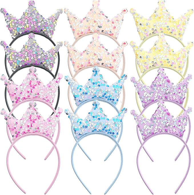 Grevosea 12 Pcs Princess Crown Headbands, Glitter Sequin Crown Headband Sequin Tiaras and Crowns Hair Accessories for Girl...