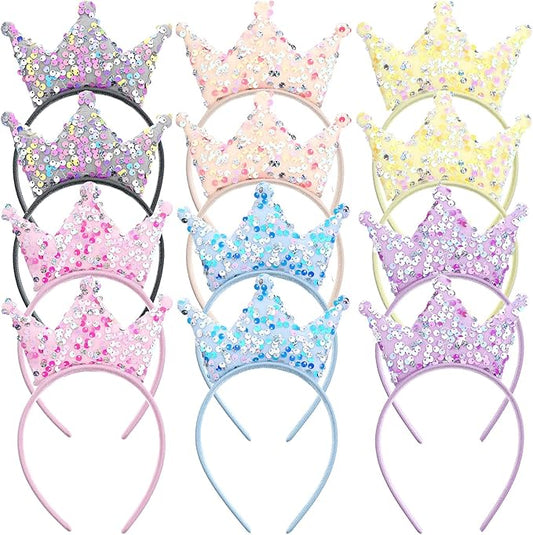 Grevosea 12 Pcs Princess Crown Headbands, Glitter Sequin Crown Headband Sequin Tiaras and Crowns Hair Accessories for Girl...