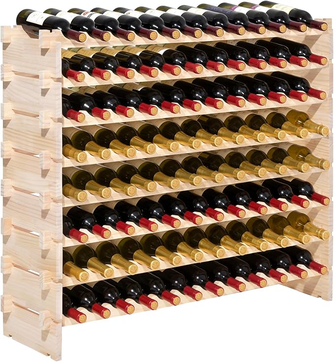 VEVOR 96 Bottle Stackable Modular Wine Rack, 8-Tier, Floor Freestanding Wine Storage Rack, Solid Wood Wines Display Shelf, Wobble-Free Shelves, Easy Assembly, for Kitchen, Cellar, and Bar, Natural