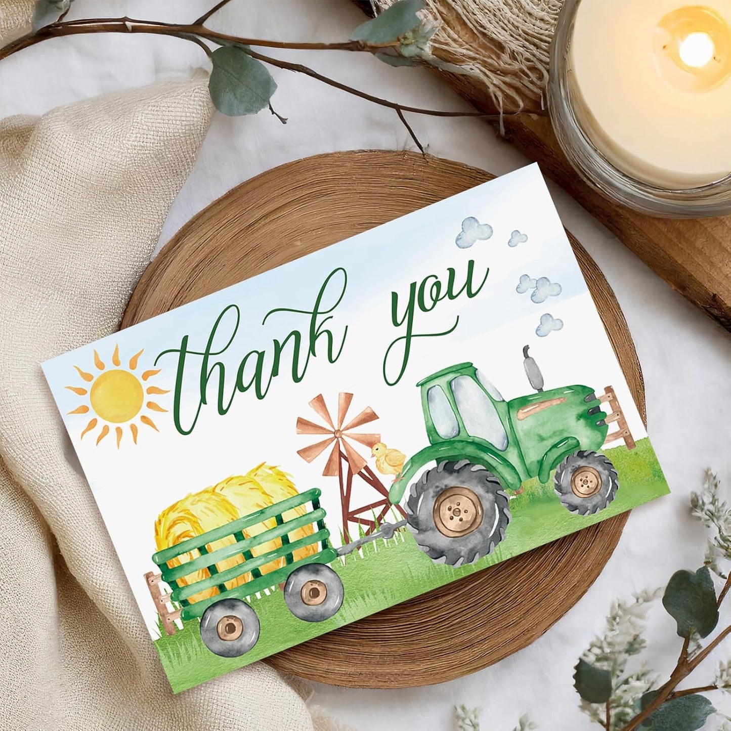 Whaline 24 Pack Green Tractor Thank You Cards Bulk Grain Chicken Tractor Note Card with Envelopes Stickers Green Yellow Greeting Blank Card for Farmhouse Birthday Baby Shower