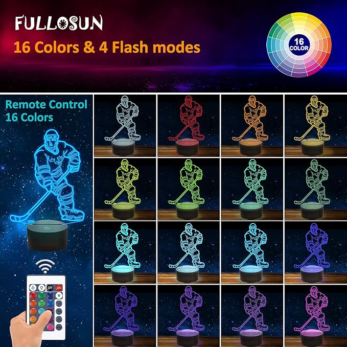 FULLOSUN 3D Night Lights Ice Hockey Athlete 3D Illusion Bedside Lamp 16 Colors Changing with Remote Control Best Birthday Gifts for Men Women