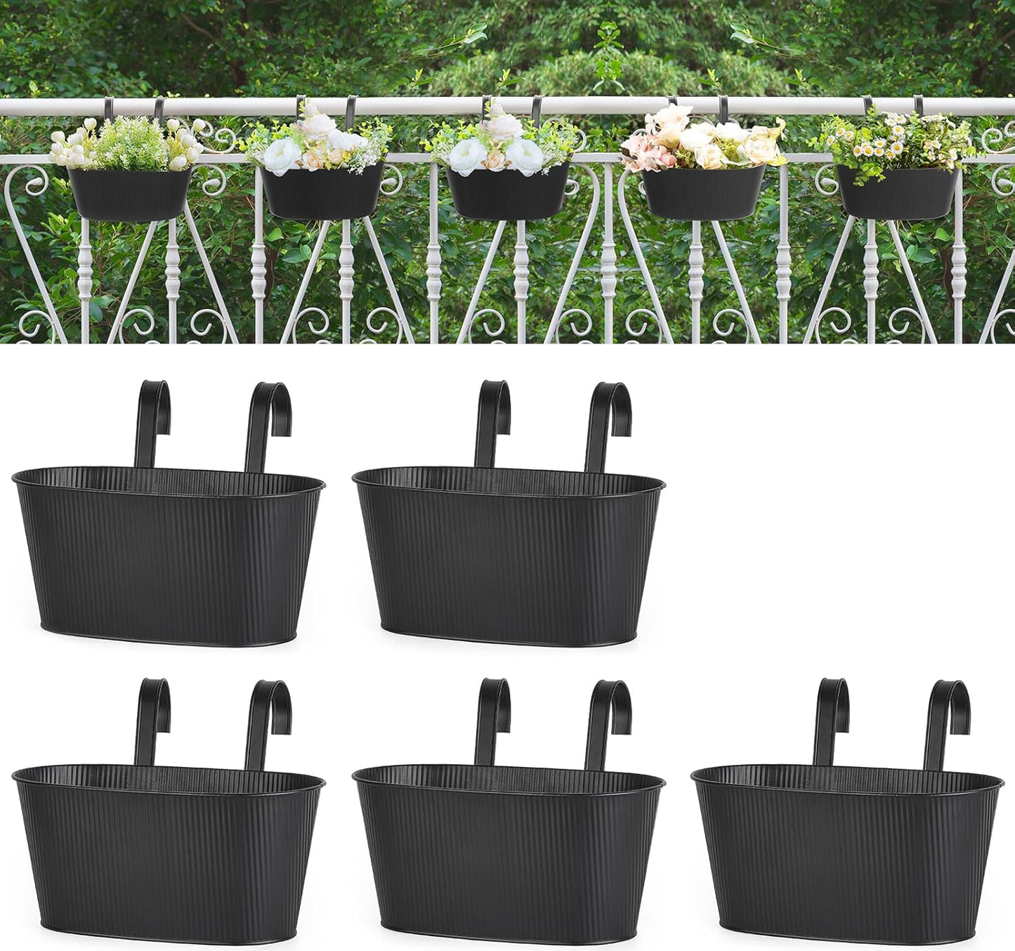 Mkono Metal Railing Planter Box 5 Pack Balcony Hanging Planter for Outdoor Plants with Detachable Hooks and Drain Holes Fence Planters for Any Balcony, Porch or Deck (5, Small)