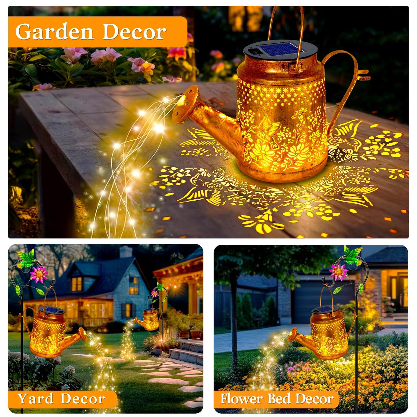 Solar Lanterns Outdoor Waterproof  Hummingbird Flower Watering Can Garden Decor  Hanging Lights Path Lights Yard Patio Decorations Gardening Birthday Gift For Mom Grandma Girlfriend With Shepherd Hook