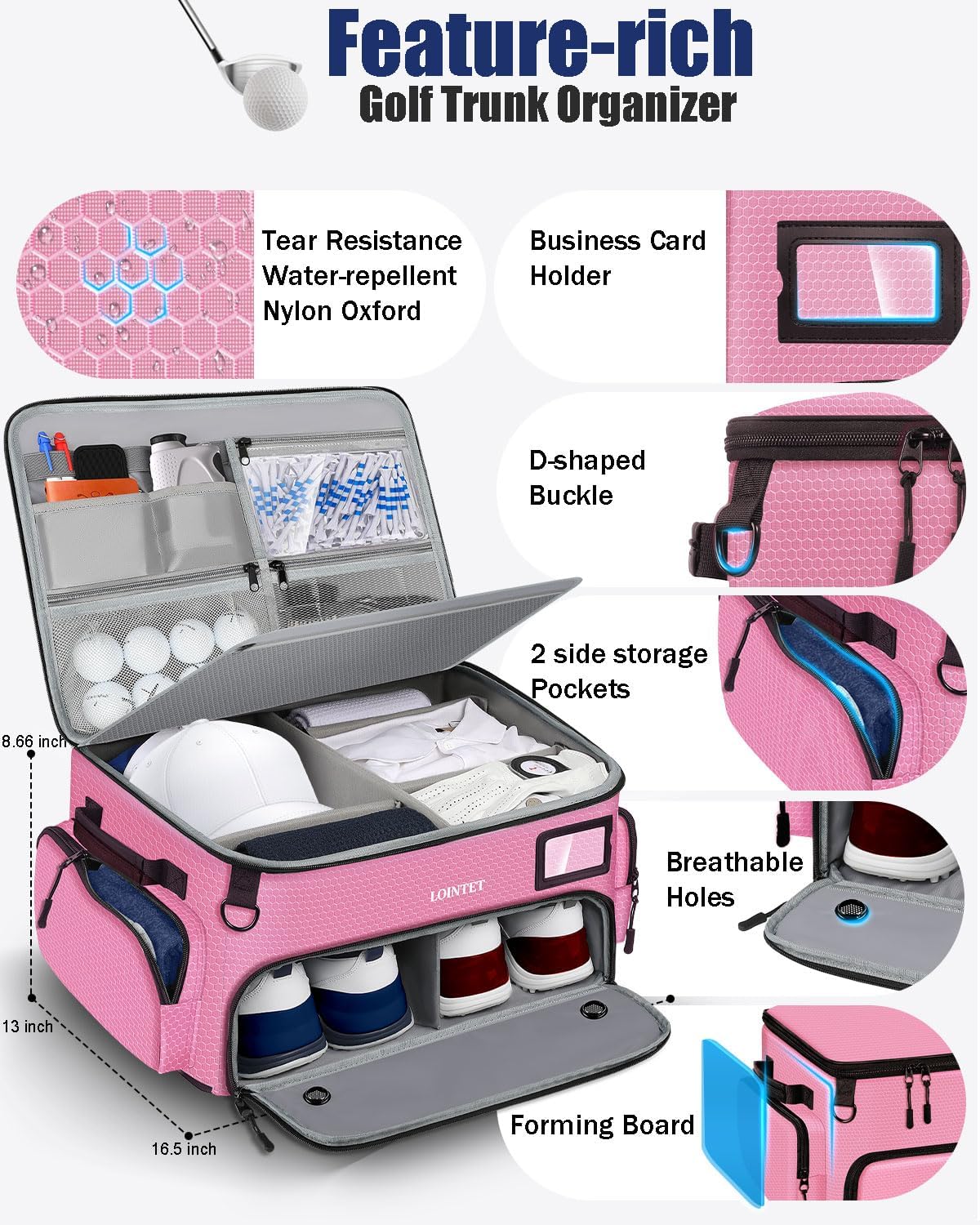Golf Trunk Organizer, Waterproof Car Golf Locker with Separate Ventilated Compartment for 2 Pair Shoes, Golf Storage for Balls, Tees, Cap, Clothes, Gloves, Accessories, Gifts for Men, Women