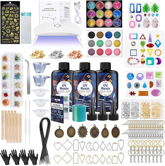 KISREL UV Resin Jewelry Making Kit, 300g Crystal Clear Resin with Light and Molds, DIY Jewelry Making Kit, Resina Starter ...