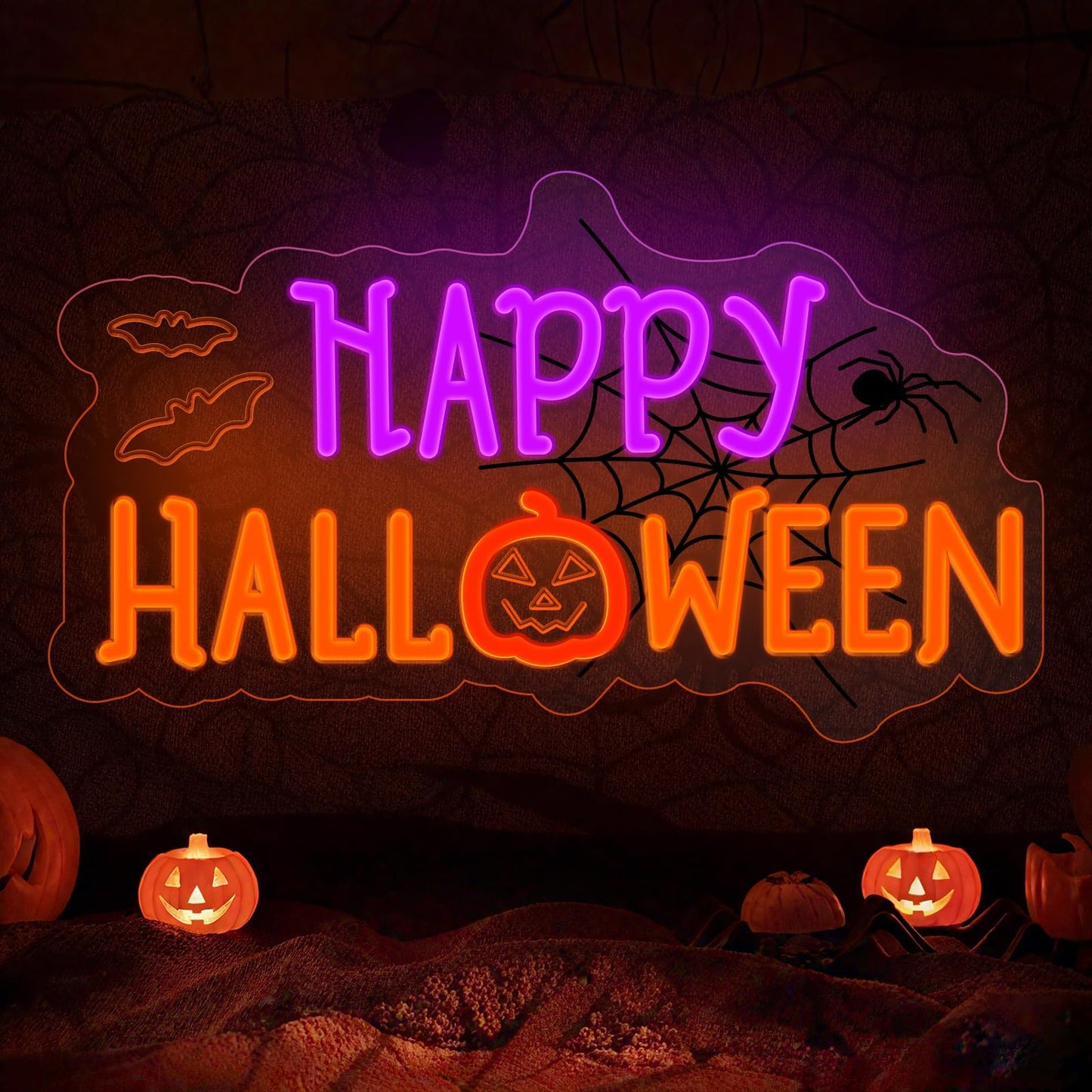 Halloween Neon Sign For Halloween Wall Decor Dimmable Neon Light Bat & Pumpkin Light Up Signs For Halloween Bedroom Horror Party Bar Background Decoration