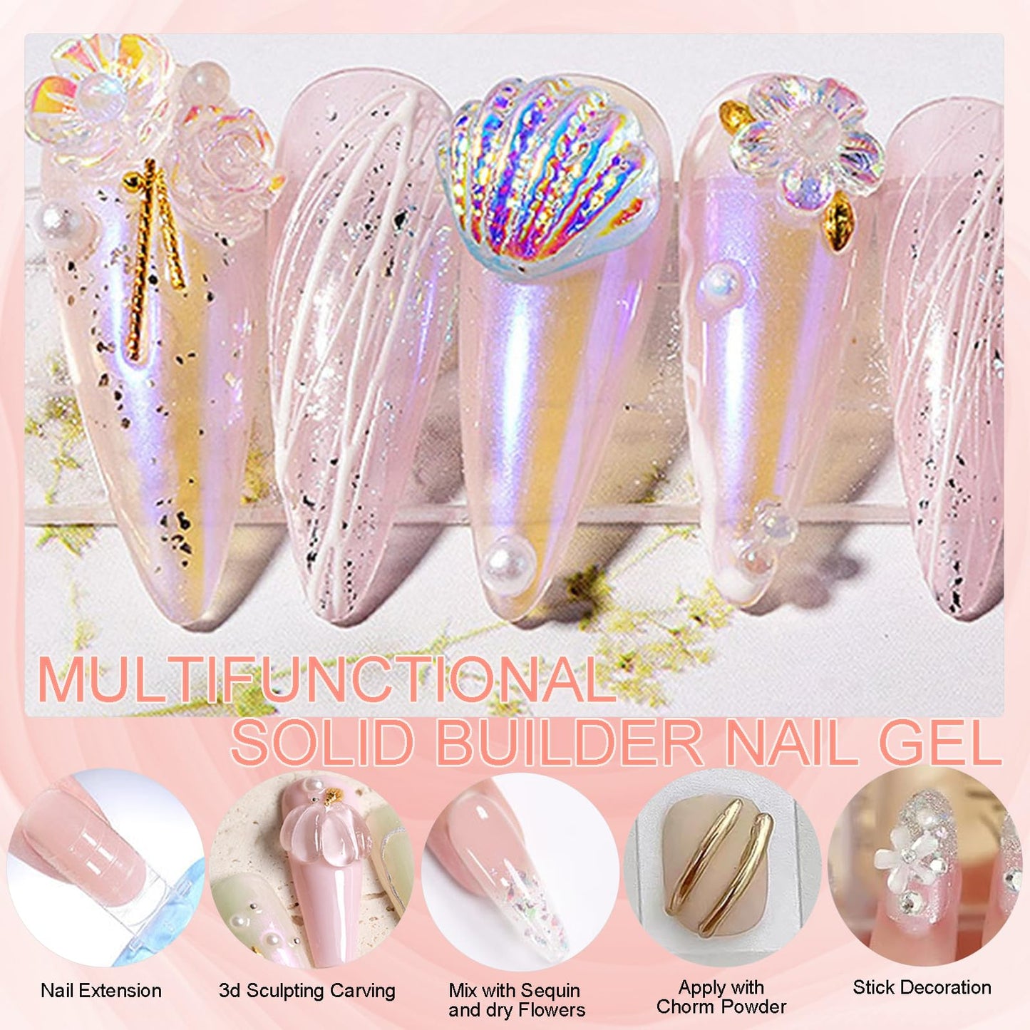 NAILGIL Solid Builder Gel For Nails,3D Nail Art Sculpture Non-Sticky Hand Clear Extension Gel Sock Off UV LED with 3D Silicone F