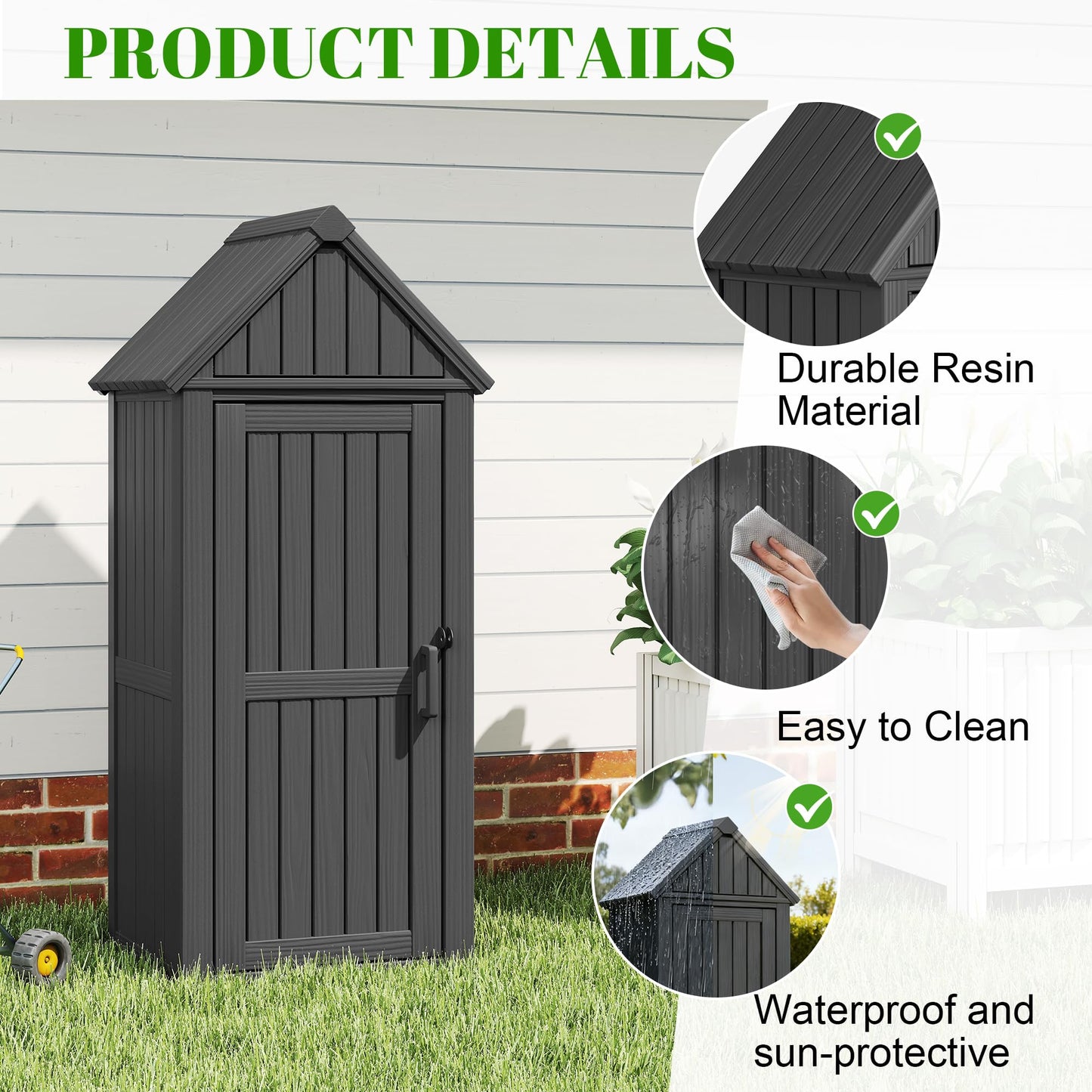 WTFGO Vertical Outdoor Storage Shed, Waterproof Resin Outdoor Storage Cabinet with Removable Shelves & 12 Hooks, Lockable Small Tool Shed for Garden, Backyard, Patio, Pool, Classic Black