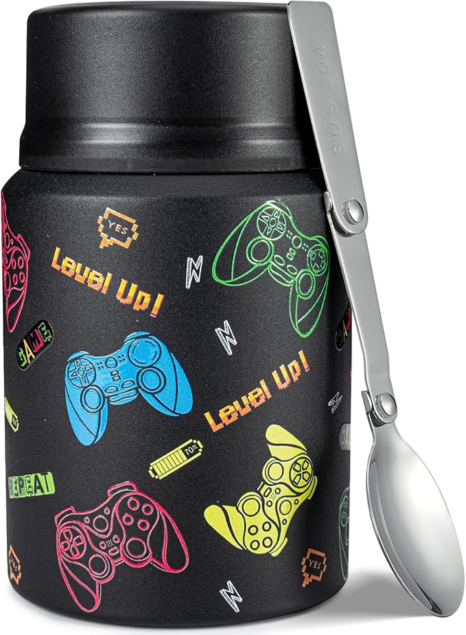 Charcy 17oz Thermo for Hot Food, Soup Thermo Food Container for Lunch Box with Folding Spoon ZB - Black Game