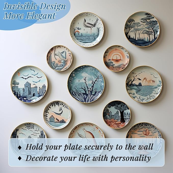14 Pieces Plate Wall Hangers for Display - 6/8/10/12 Inch Invisible Plates Hanger, Stainless Steel Plate Holders with 14 Pieces Wall Hooks for 5.5 to 12.5 Inch Decorative Plates and Arts (Silver)