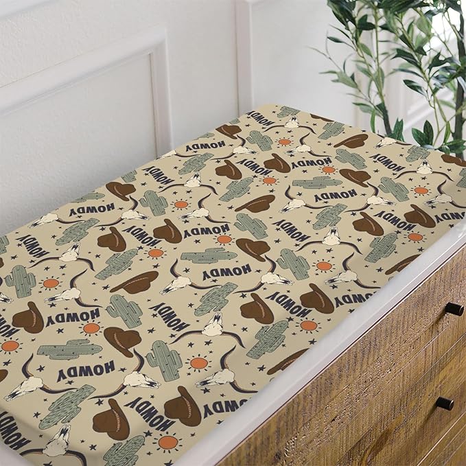 Western Cowboy Howdy Hat Cactus Changing Pad Cover for Baby Boys, Boho Wild West Cow Lover Sun Star Diaper Change Table Covers, Soft Stretchy Safe Snug Fitted Changing Mat Sheets Fit 32"/34" x 16"