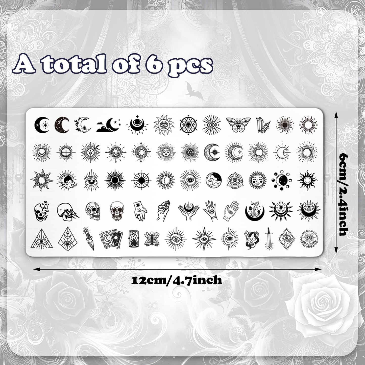 Whaline 6Pcs Gothic Halloween Nail Plates Stamping Set Skull Evil Eye Moon Stamp Templates Halloween Nail Art Plates for DIY Pri