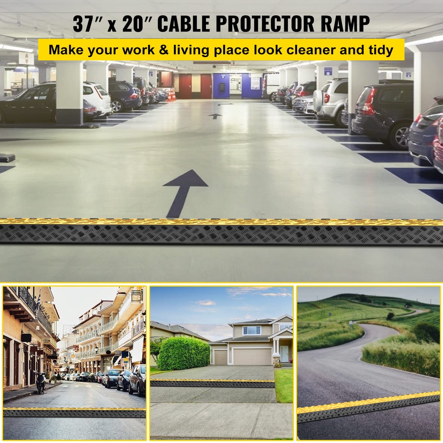 Vevor 3-Channel Rubber Cable Protector Ramps Heavy Duty 44000Lbs Load Capacity Cable Wire Floor Cord Cover Ramp Speed Bump Drive