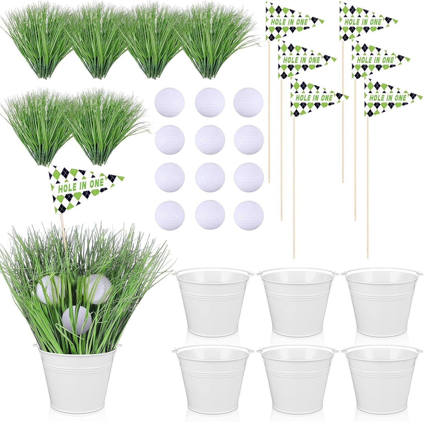 Soulchen Golf Party Table Decorations Kit Includes 6 Iron Bucket 12 Mini Golf 90 Artificial Grass 6 Flags Centerpiece for Birthday Sport Themed Party Desk Supplies Rugby Favors (6 Set,Chic)