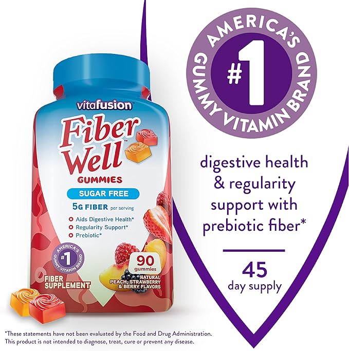 L’il Critters Fiber Daily Gummy Supplement for Kids, for Digestive Support & Vitafusion Fiber Well Sugar Free Fiber Supplement, Peach, Strawberry and BlackBerry Flavored Supplements, 90 Count