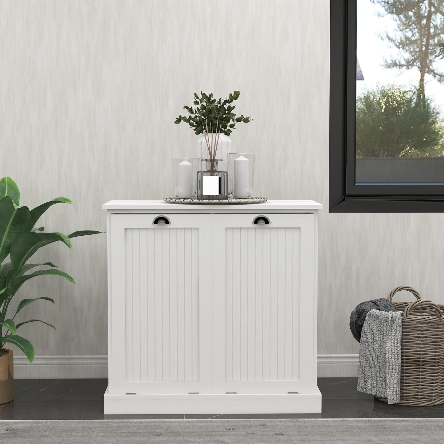 Contemporary Storage Cabinet, Two-Compartment Tilt-Out Laundry Sorter Cabinet, for Bathroom Hallway,for The Kitchen