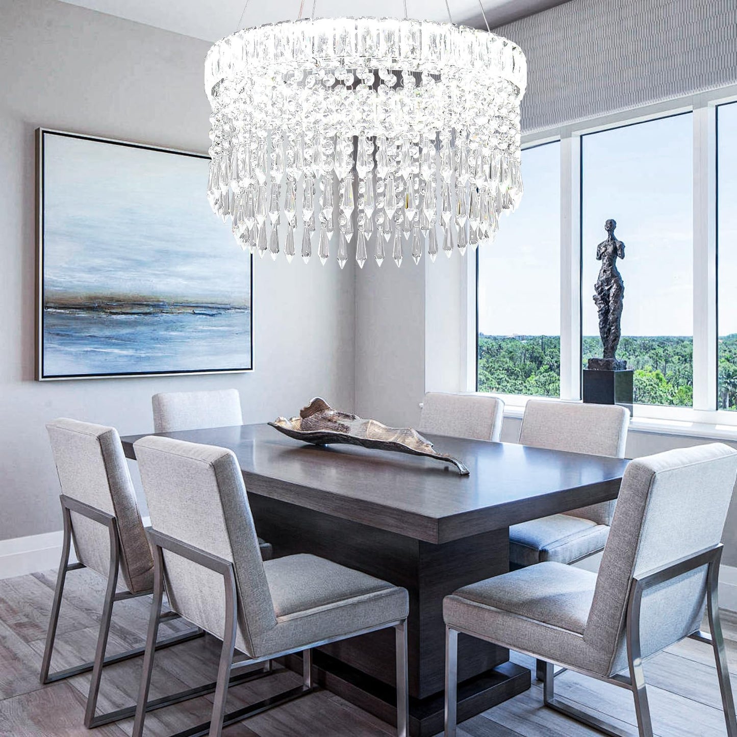 Cainjiazh Modern Crystal Chandelier Light Fixtures stylish Chandeliers Pendant Light Fixtures 16  Round Flush Mount Chandeliers Ceiling Lighting For Living Room Dining Room Bedroom White