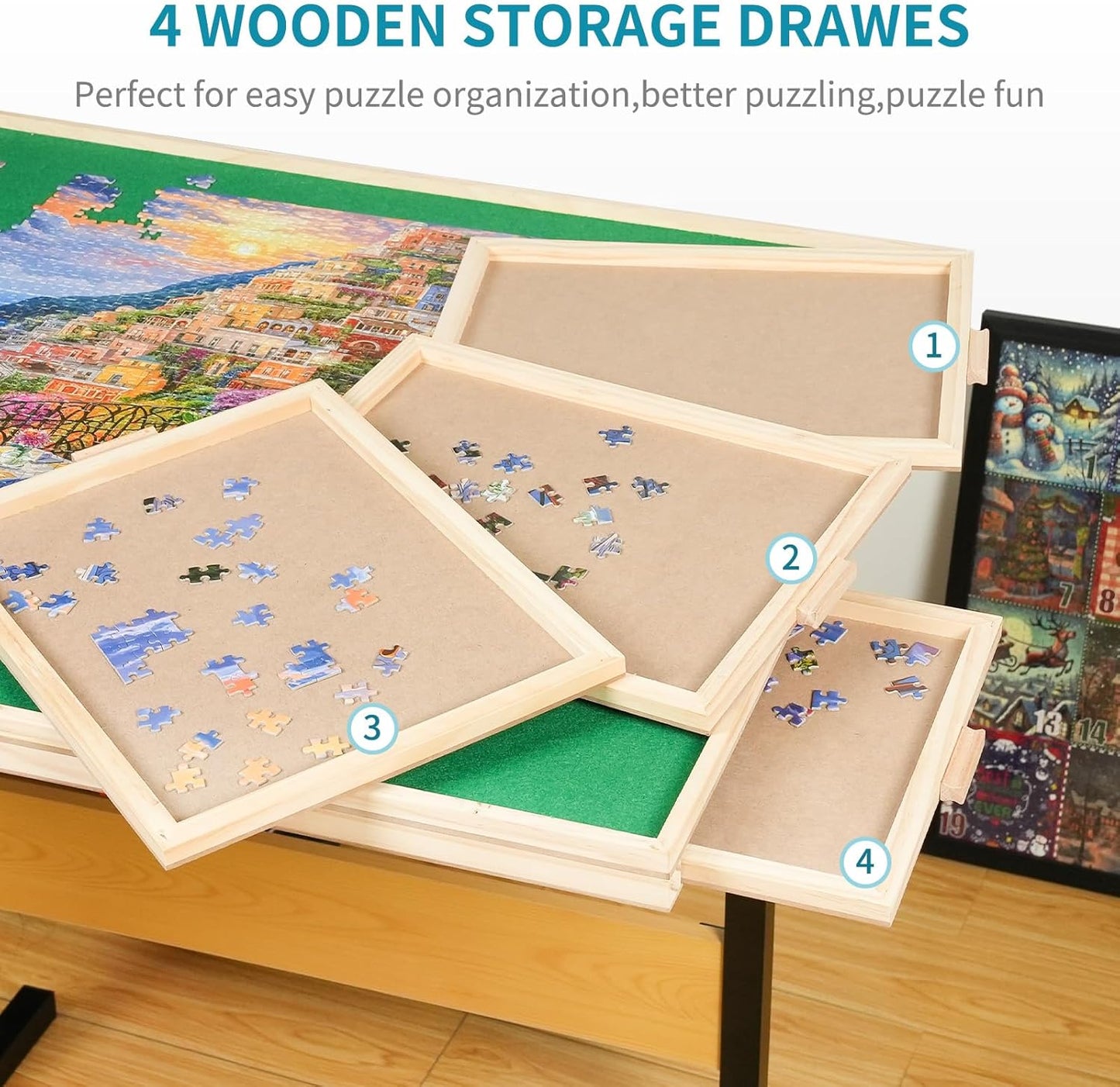 1500pcs Puzzle Table with Legs,34.25" x 25.2"Wooden Jigsaw Puzzle Board with 4 Drawers & Cover,Height Adjustment & Weight optimization