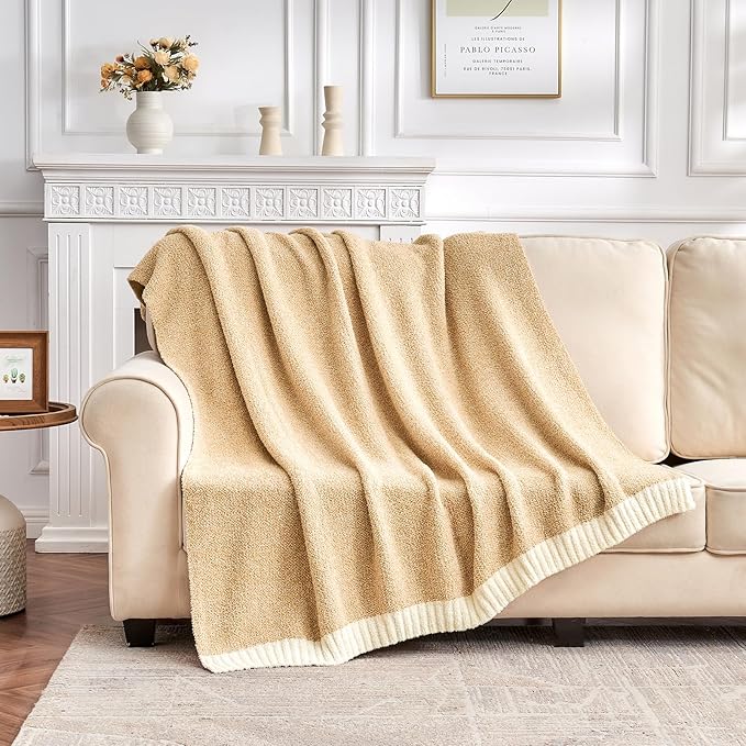 CozeCube Melange Blanket, Ultra Soft Khaki Tan and White Throw Blanket, Warm Cozy Knit Fuzzy Plush Reversible Throw for Couch Bed Sofa, 60"x80"
