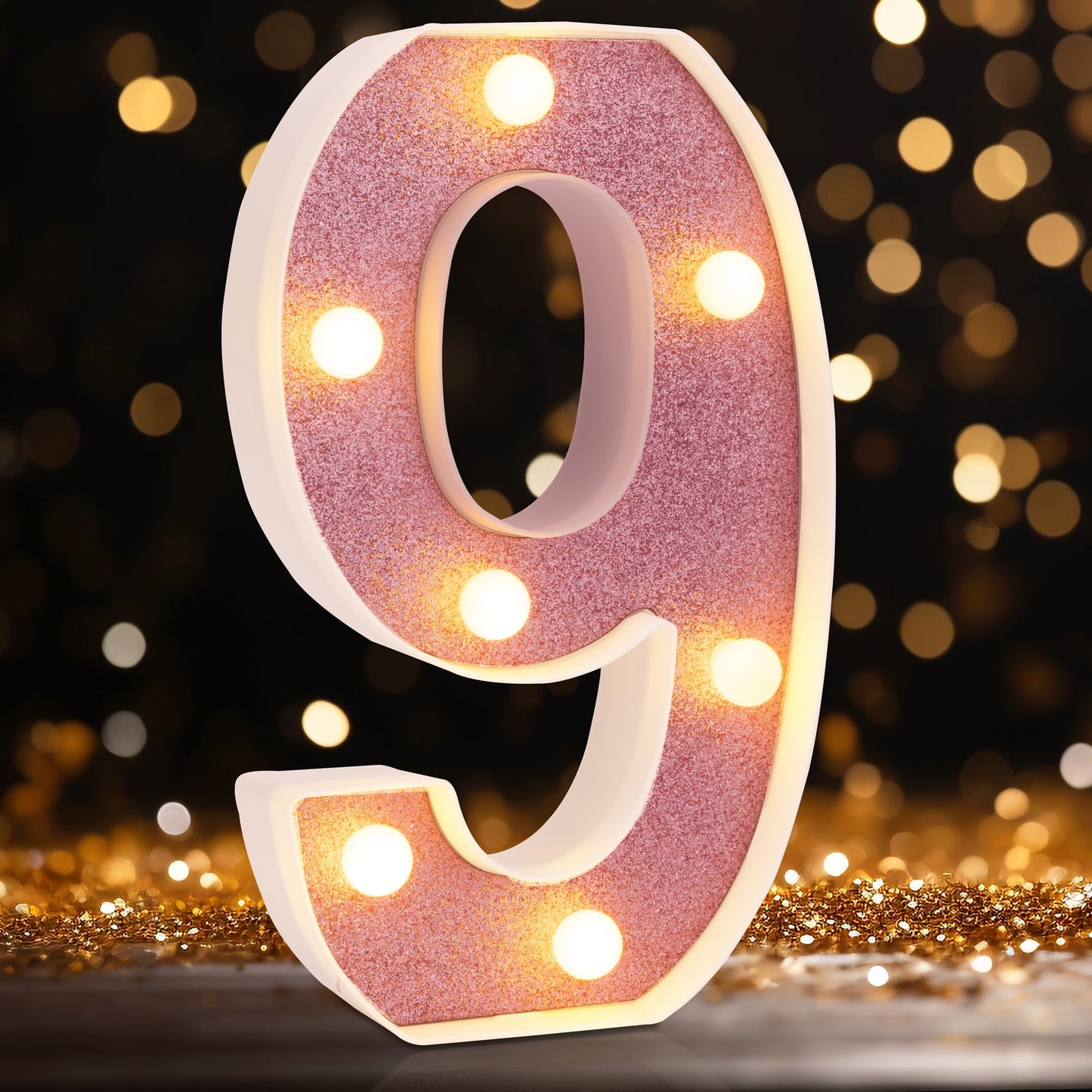 DyingSwan LED Marquee Number 9, 8.58 Inch Pink Glitter Light Up Decor, Battery Powered Plastic Night Light
