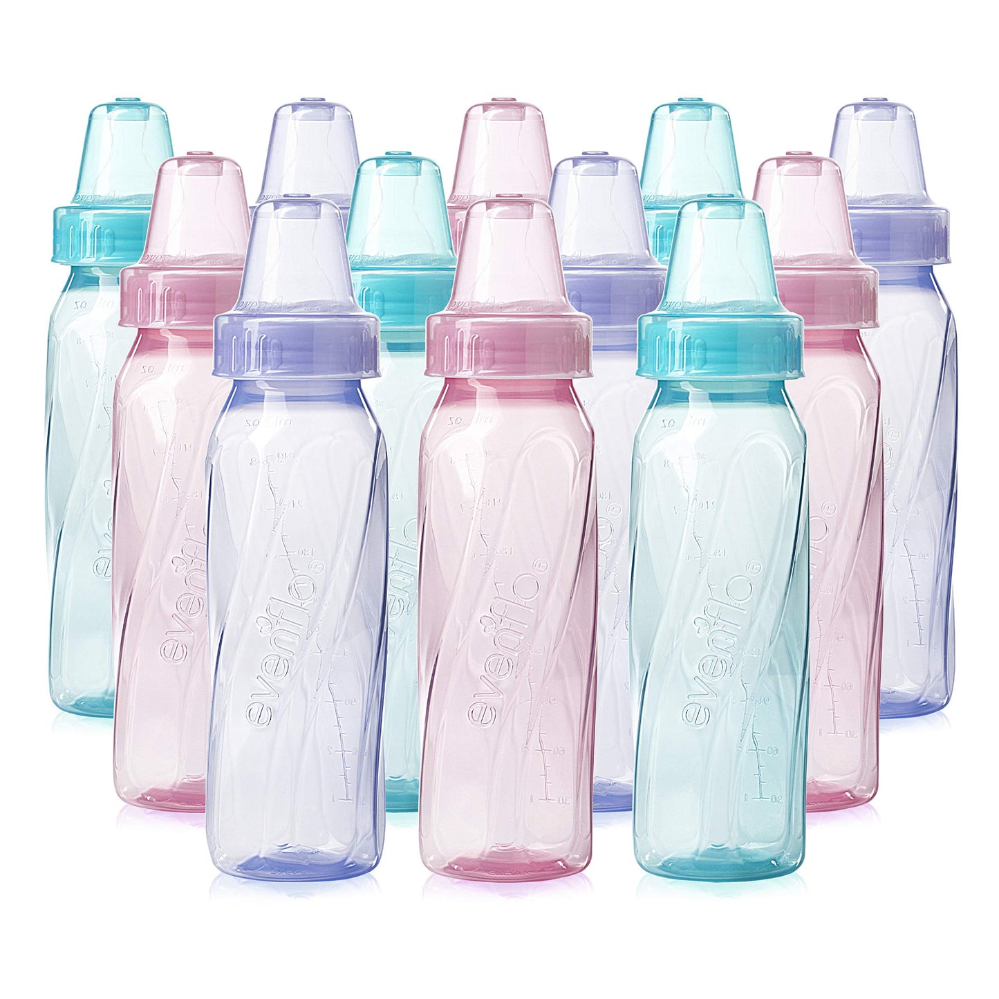 Evenflo Feeding Baby Bottles, Standard Neck, 8 Ounce | Tinted Plastic | Pink/Lavender/Teal | Pack of 36