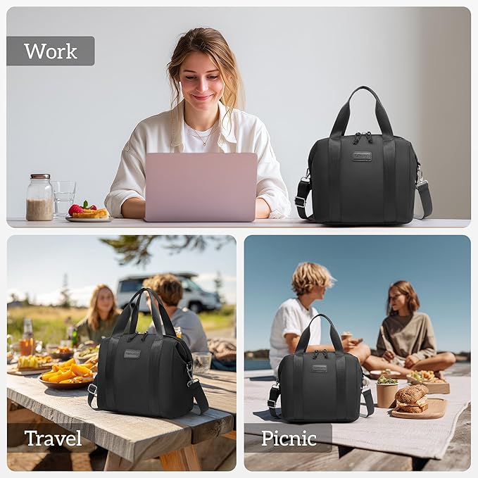 Lunch Bag Women Insulated Cute Lunch bags,Reusable Large Capacity Lunch Box, Leakproof Cooler Bag with Adjustable Shoulder Strap for Men Adult Work Office Picnic Travel Black