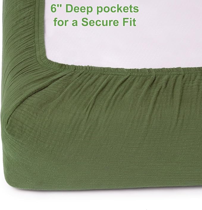 Muslin Mini Crib Sheets for Girls & Boys-2 Pack 24"x 38" Soft Baby Mattress Sheets Fitted-No Slip Neutral Toddler Cotton Bedding-Boho Nursery Décor Olive Green & Beige